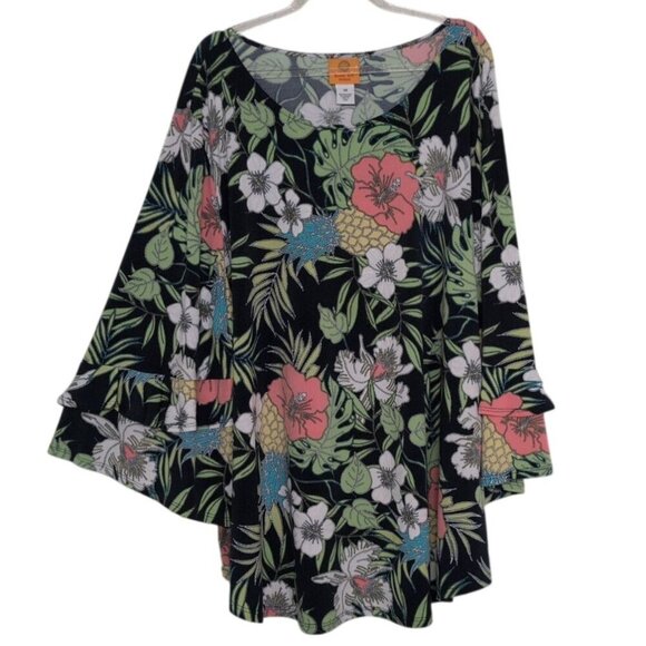 Ruby Rd. Tops - Ruby Rd Floral Shirt Womens Size 3X Blue Stretch Tropical Casual Tiered Sleeves